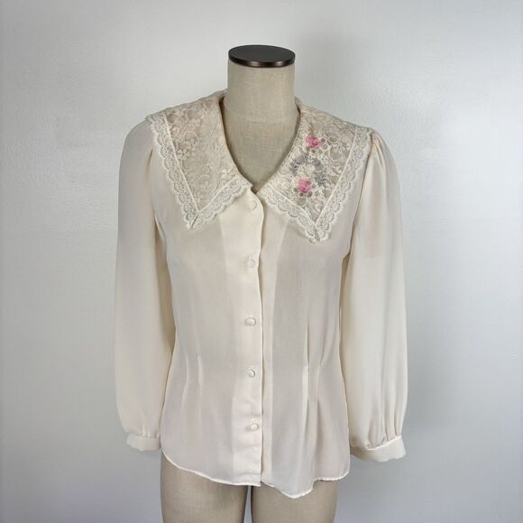 VTG 80's 90's Daniela Lace Collar Cottagecore Prairie Top Blouse SZ Medium Ivory - Picture 2 of 16